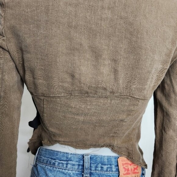 ZARA Woman Olive Green Loose Linen Jacket with Ribbon Tie Size XXS - Picture 9 of 14